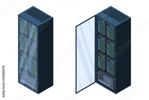 Isometric servers. Data storages. 3D computer equipment. Storage database. Equipment server network. Big data illustration