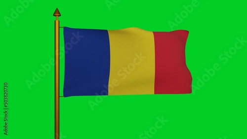 National flag of Romania waving 3D Render with flagpole on chroma key, Republic of Romania flag textile or drapelul Romaniei, coat of arms Romania independence day, Romanian flag. 4k footage photo