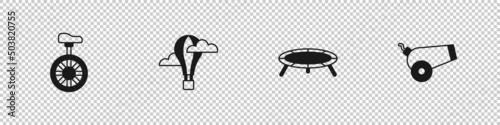 Set Unicycle or one wheel bicycle, Hot air balloon, Jumping trampoline and Cannon icon. Vector