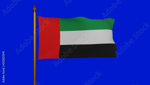 National flag of United Arab Emirates waving 3D Render with flagpole on chroma key, used Pan-Arab colors and designed Abdullah Al Maainah, UAE flag. High quality 4k footage photo