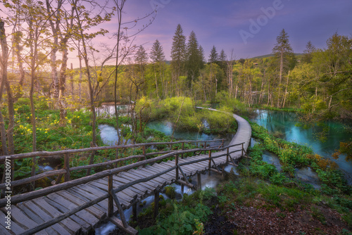 Fototapeta Wooden path in green forest in Plitvice Lakes, Croatia at sunset in spring