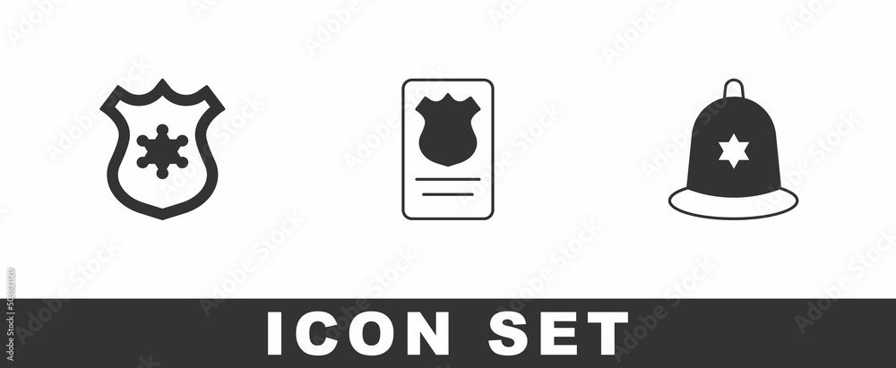 Set Police badge, with id case and British police helmet icon. Vector Set Police badge, with id case and British police helmet icon. Vector