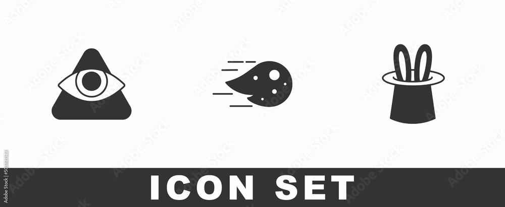 Set All-seeing eye of God, Fireball and Magician hat and rabbit ears icon. Vector