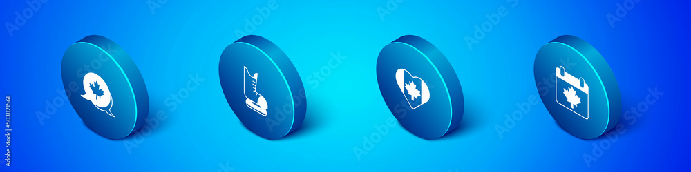 Set Isometric Canadian maple leaf, Heart shaped Canada flag, day with and Skates icon. Vector Set Isometric Canadian maple leaf, Heart shaped Canada flag, day with and Skates icon. Vector