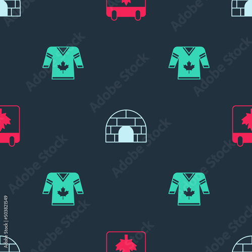 Set Canada day with maple leaf, Igloo ice house and Hockey jersey on seamless pattern. Vector