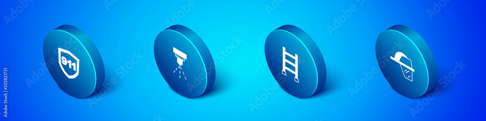 Set Isometric Emergency call 911, Fire escape, Firefighter helmet and sprinkler system icon. Vector Set Isometric Emergency call 911, Fire escape, Firefighter helmet and sprinkler system icon. Vector