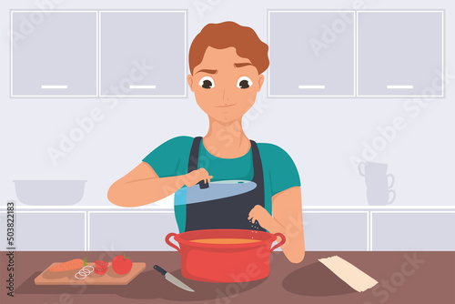 man salting soup scene