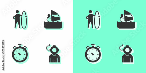 Set Aqualung, Surfboard, Stopwatch and Windsurfing icon. Vector