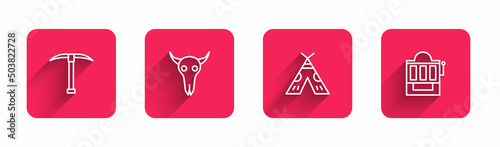 Set line Pickaxe, Buffalo skull, Indian teepee or wigwam and Slot machine with long shadow. Red square button. Vector