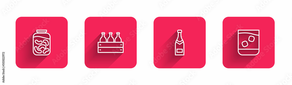 Set line Pickled cucumbers in a jar, Bottles of wine wooden box, Champagne bottle and Glass whiskey with long shadow. Red square button. Vector Set line Pickled cucumbers in a jar, Bottles of wine wooden box, Champagne bottle and Glass whiskey with long shadow. Red square button. Vector