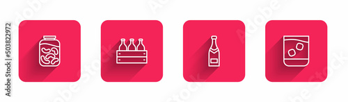 Set line Pickled cucumbers in a jar, Bottles of wine wooden box, Champagne bottle and Glass whiskey with long shadow. Red square button. Vector