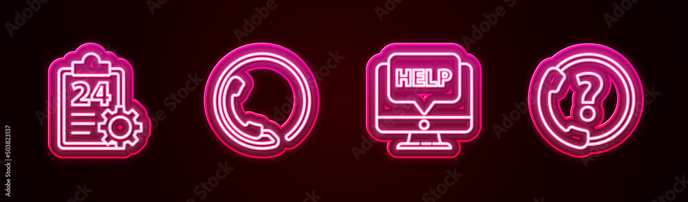 Set line Checklist with 24 hours service, Telephone support, Computer monitor and help and . Glowing neon icon. Vector Set line Checklist with 24 hours service, Telephone support, Computer monitor and help and . Glowing neon icon. Vector