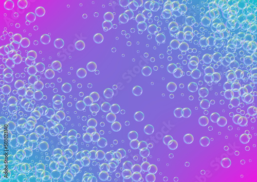Bath bubble. Detergent soap foam and suds for bathtub. Shampoo. Blue fizz and splash. Realistic water frame and border. 3d vector illustration poster. Rainbow colorful liquid bath bubble.