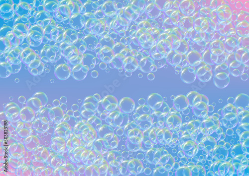 Detergent foam. Soap bath bubble and suds for bathtub. Shampoo. Rainbow fizz and splash. Realistic water frame and border. Aqua 3d vector illustration poster. colorful liquid detergent foam