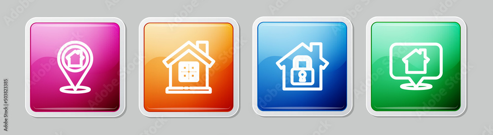 Set line Location with house, House, under protection and . Colorful square button. Vector Set line Location with house, House, under protection and . Colorful square button. Vector