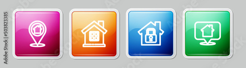 Set line Location with house, House, under protection and . Colorful square button. Vector