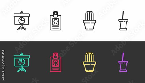 Set line Chalkboard with diagram, Identification badge, Cactus and succulent in pot and Push pin on black and white. Vector
