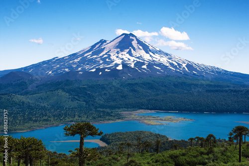 Beautiful view of the Sierra Nevada stratovolcano in Conguillio National Park, Araucania, Chile photo