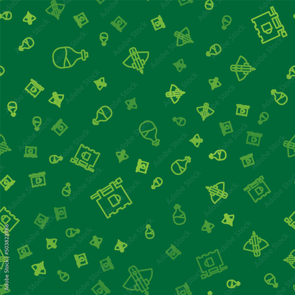 Set line Old bottle of wine, Street signboard with Bar and Battle crossbow arrow on seamless pattern. Vector