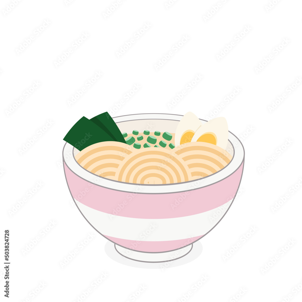 Ramen - miska zupy z kluskami, ugotowanym jajkiem, nori. Wektorowa ilustracja posiłku w stylu azjatyckim. Tradycyjne japońskie lub chińskie jedzenie. - obrazy, fototapety, plakaty 