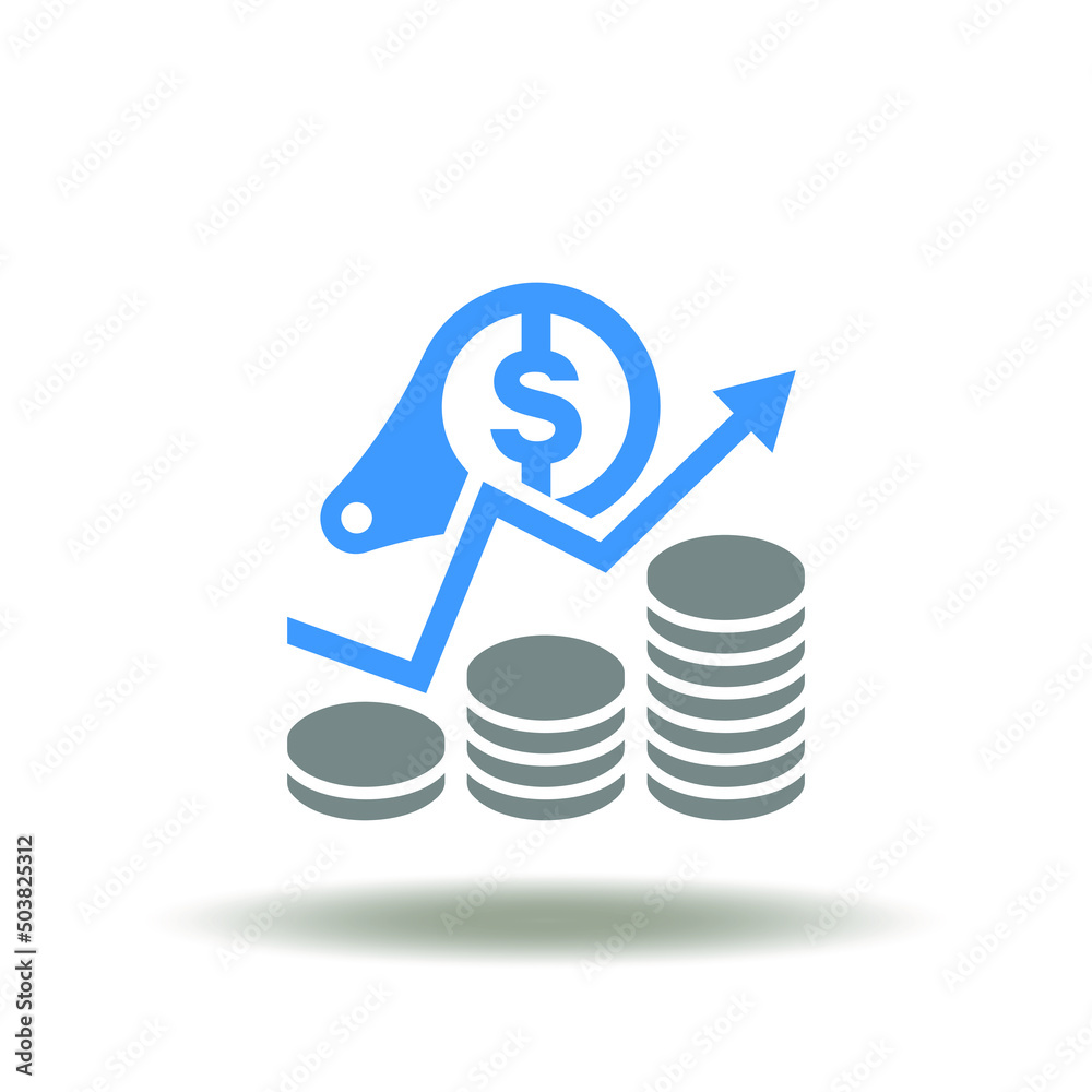 Vector illustration of coins pile growth chart and magnifier with dollar. Icon of EBITDA. Symbol of financial report, data, profit analytics.