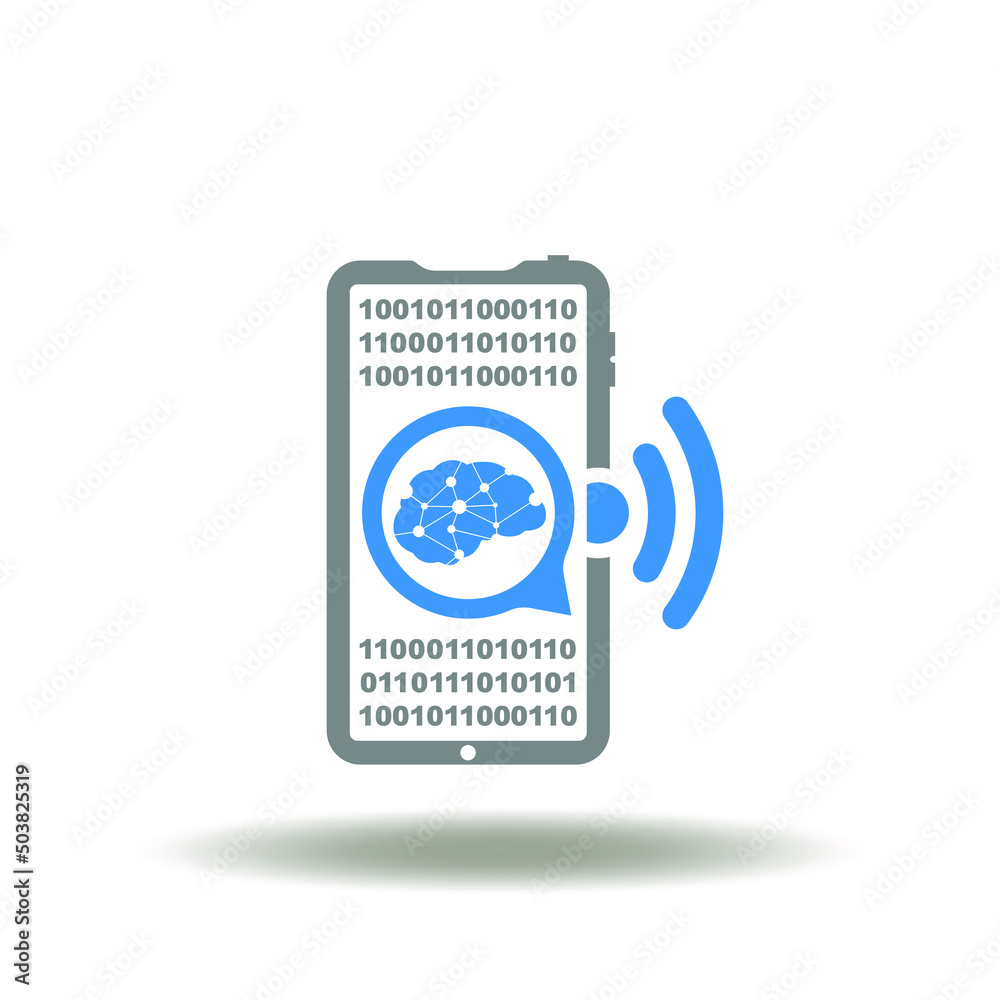 Vector illustration of smartphone with wireless radio signal and speech bubble with brain. Icon of smart 5G technology. Symbol of AI IoT phone tech. Vector illustration of smartphone with wireless radio signal and speech bubble with brain. Icon of smart 5G technology. Symbol of AI IoT phone tech.