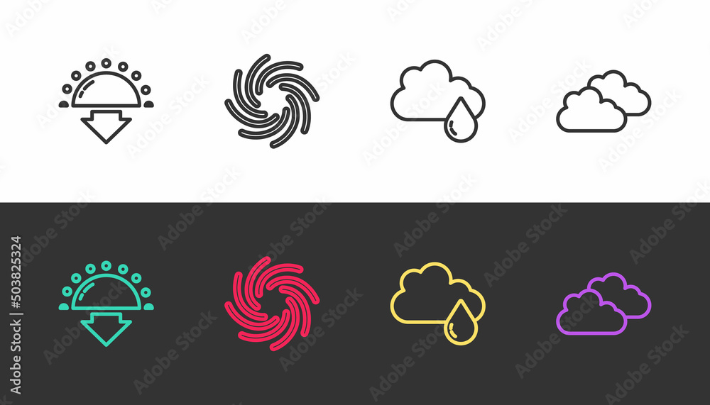 Set line Sunset, Tornado, Cloud with rain and on black and white. Vector Set line Sunset, Tornado, Cloud with rain and on black and white. Vector