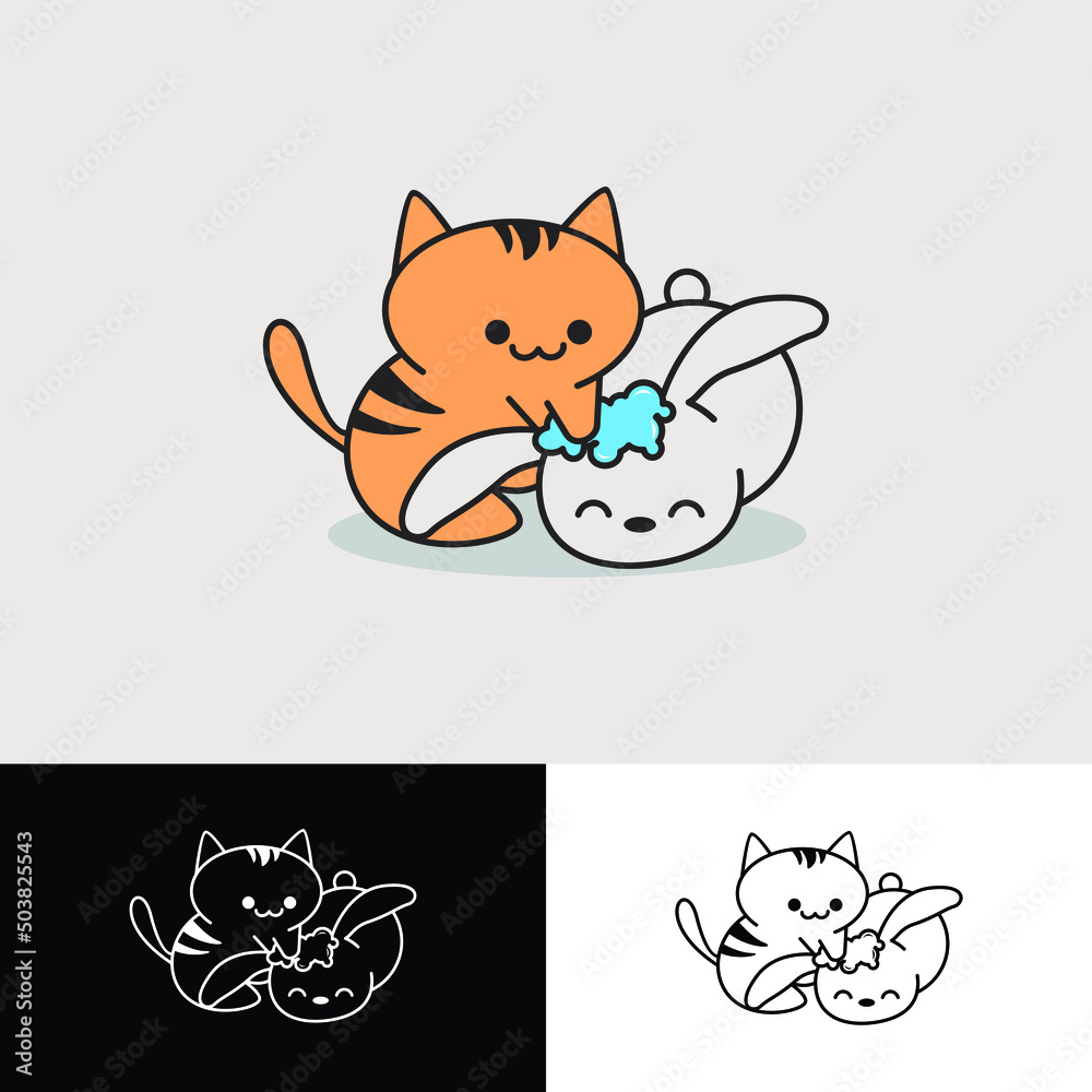 Fototapeta premium Illustration of cat and rabbit taking a bath Premium Vector