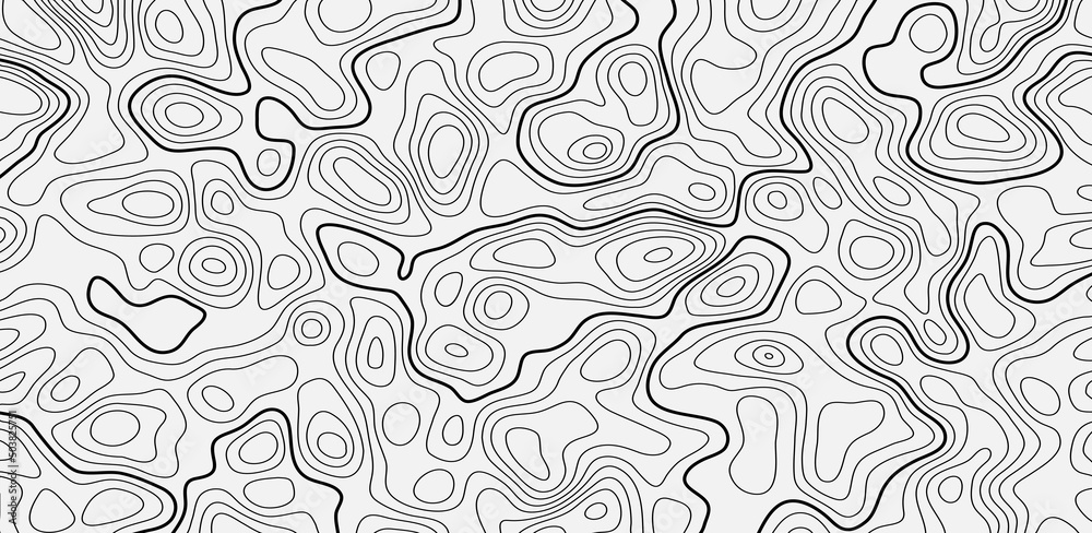 The black on white contours vector topography stylized height of the lines. The concept of a conditional geography scheme and the terrain path. Ultra wide. Map on land vector terrain Illustration.