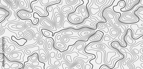 The black on white contours vector topography stylized height of the lines. The concept of a conditional geography scheme and the terrain path. Ultra wide. Map on land vector terrain Illustration.