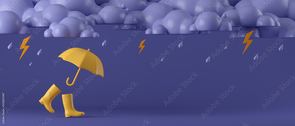 Fototapeta premium 3d cartoon rain season rubber boots and yellow umbrella on dark purple background. concept for banner, cover, poster, brochure. 3d rendering illustration