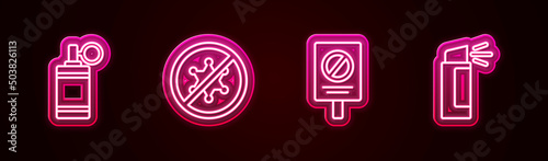 Set line Hand grenade, Protest, and Pepper spray. Glowing neon icon. Vector