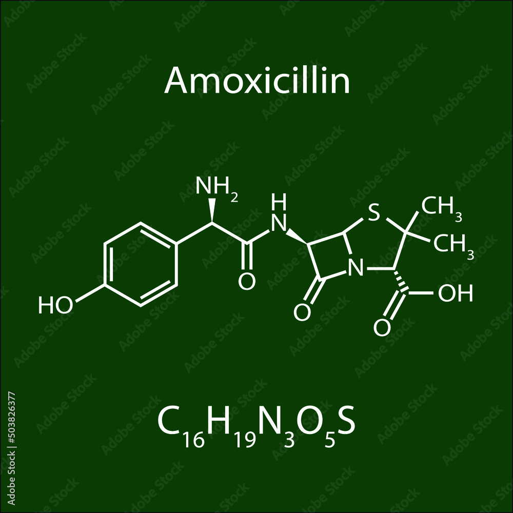 Amoxicillin Beta Lactam Antibiotic Drug. Chemical And Skeletal Formula. Vector Illustration.