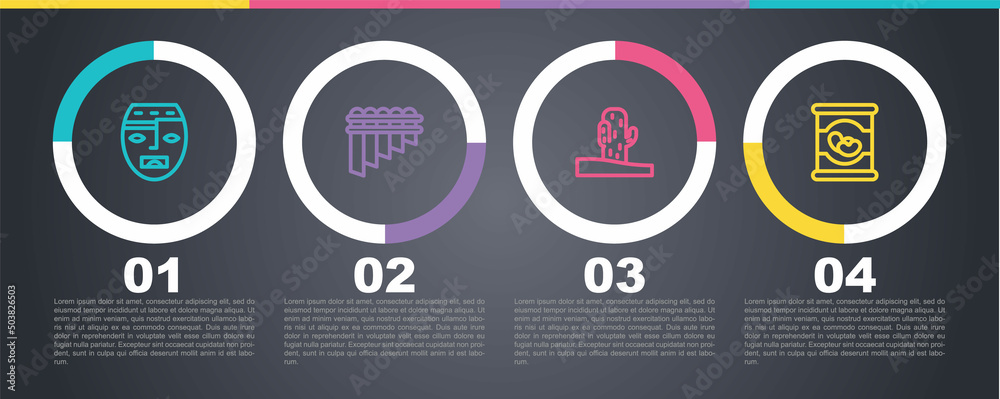 Set line Aztec mask, Pan flute, Cactus and Beans in can. Business infographic template. Vector Set line Aztec mask, Pan flute, Cactus and Beans in can. Business infographic template. Vector