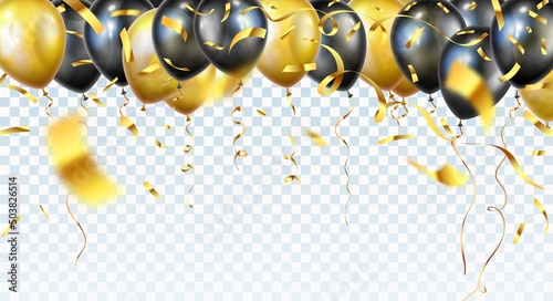 Balloon seamless border with shiny gold glitter confetti isolated