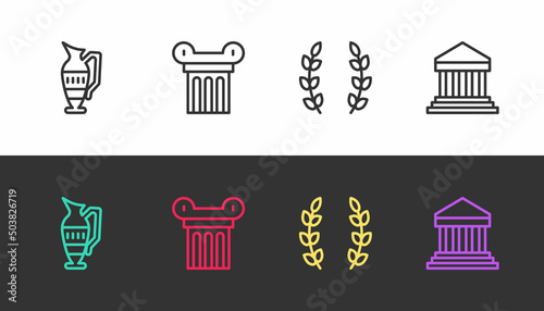 Set line Ancient amphorae  column  Laurel wreath and Parthenon on black and white. Vector