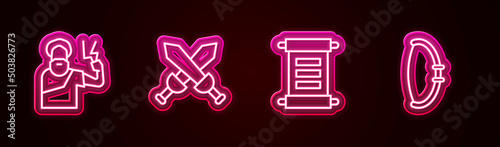 Set line Zeus, Crossed medieval sword, Decree, parchment, scroll and Medieval bow. Glowing neon icon. Vector