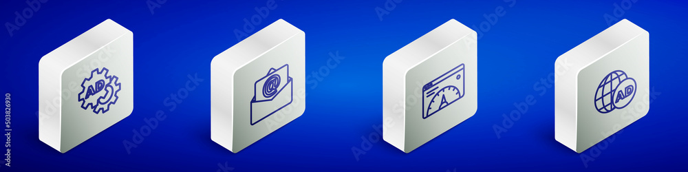 Set Isometric line Advertising, Mail and e-mail, Website statistic and icon. Vector Set Isometric line Advertising, Mail and e-mail, Website statistic and icon. Vector