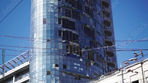 Building damaged by rocket fire during russian invasion of Ukraine. Stop war in Ukraine, support, help, svae Ukraine. Save Mariupol and Azovstal