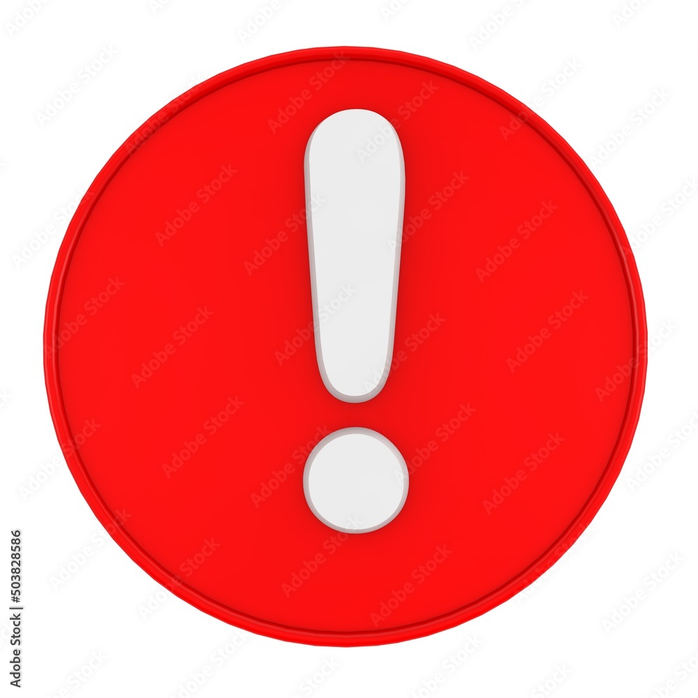Red warning sign symbol - safety hazard alert, 3d icon caution safety message, circle exclamation mark icon, white background Red warning sign symbol - safety hazard alert, 3d icon caution safety message, circle exclamation mark icon, white background