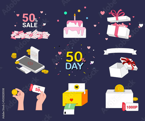 variety event design illustration set. gift box, memo, discount, present, cash, coin. Vector drawing. Hand drawn style.