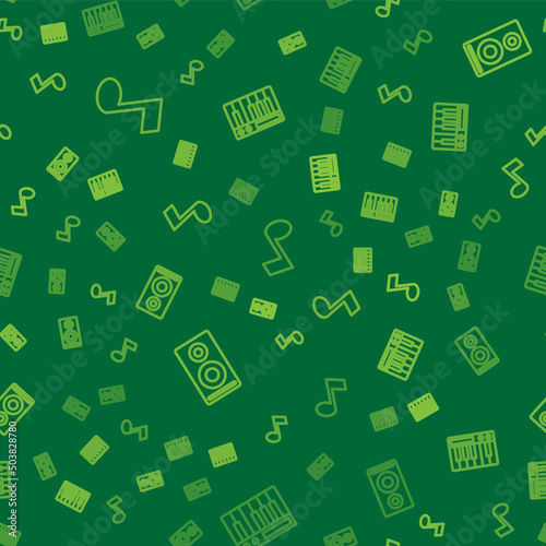 Set line Music note, tone, Stereo speaker and synthesizer on seamless pattern. Vector