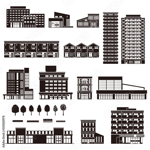 様々な建物のベクターイラスト. 建物の外観. 建物のシルエット.