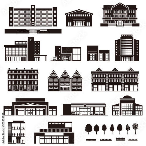 様々な建物のベクターイラスト. 建物の外観. 建物のシルエット.
