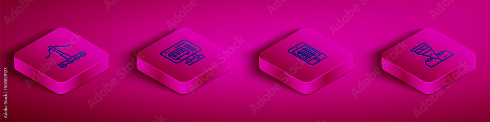 Set Isometric line Railway, Ticket office to buy tickets, Buy train online and Train conductor icon. Vector Set Isometric line Railway, Ticket office to buy tickets, Buy train online and Train conductor icon. Vector