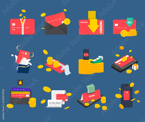 variety payment bundle illustration set. gift, card, coupon, money, coin. Vector drawing. Hand drawn style.