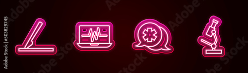 Set line Medical surgery scalpel, Laptop with cardiogram, Dialogue the doctor and Microscope. Glowing neon icon. Vector © Kostiantyn