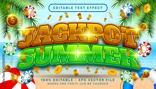 jackpot summer 3d editable text effect with chip illustration and sea landscape background