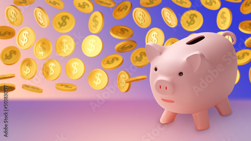 Pink piggy bank with coins ...