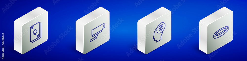Set Isometric line Playing card with spades, Security camera, Casino slot machine clover and chips icon. Vector